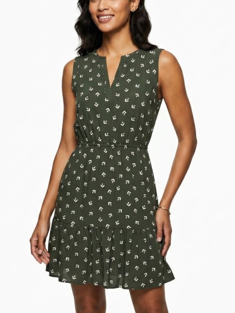LOFT Cottagecore Olive Green Leaf Print V-Neck Ruffle Hem Dress Petites SP